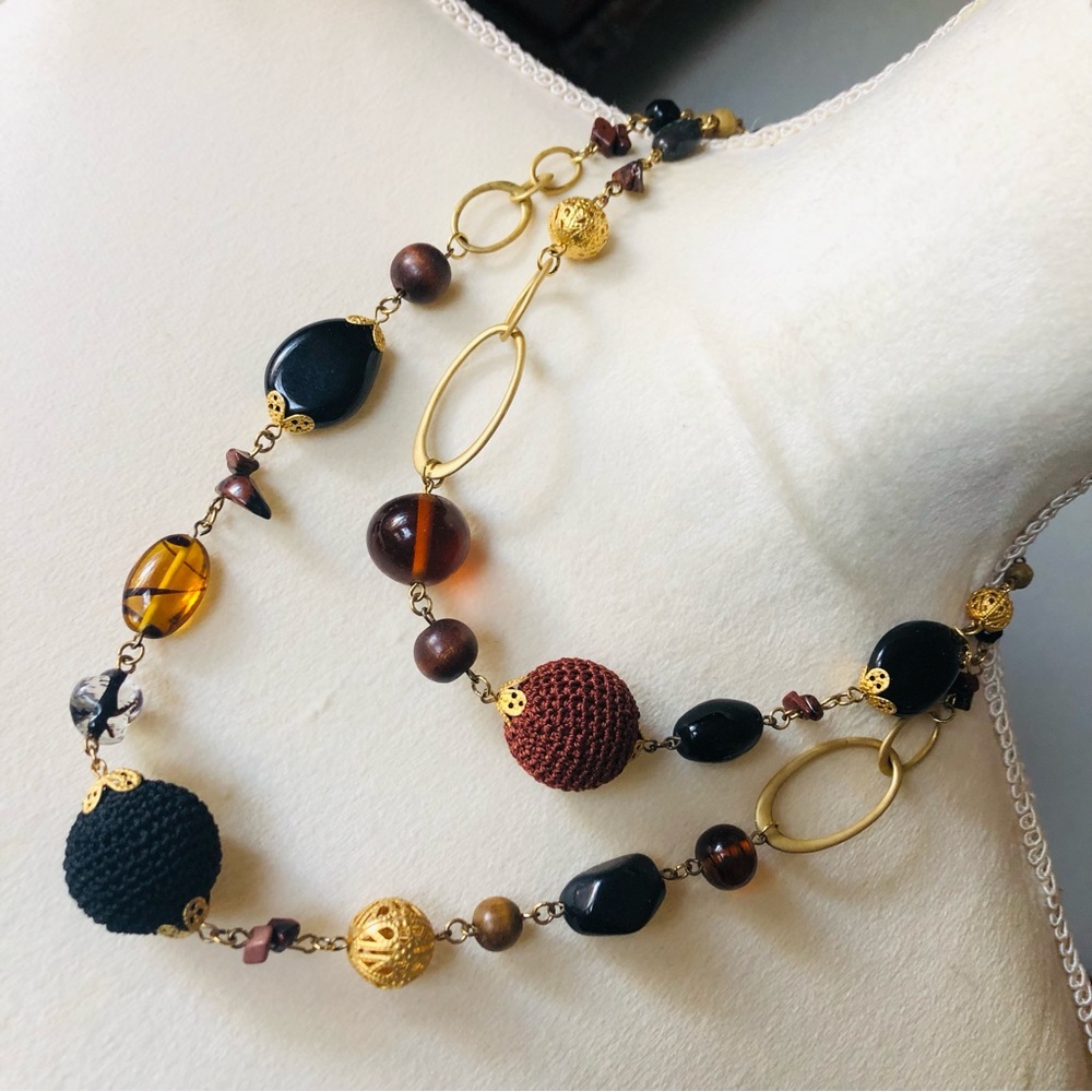 Vintage 80s double strand mixed bead matte gold tone necklace